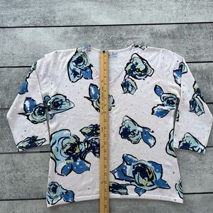 Floral sweater with Blue Rose Print Palm Desert Palm Dreams Quality Knit (silk?)